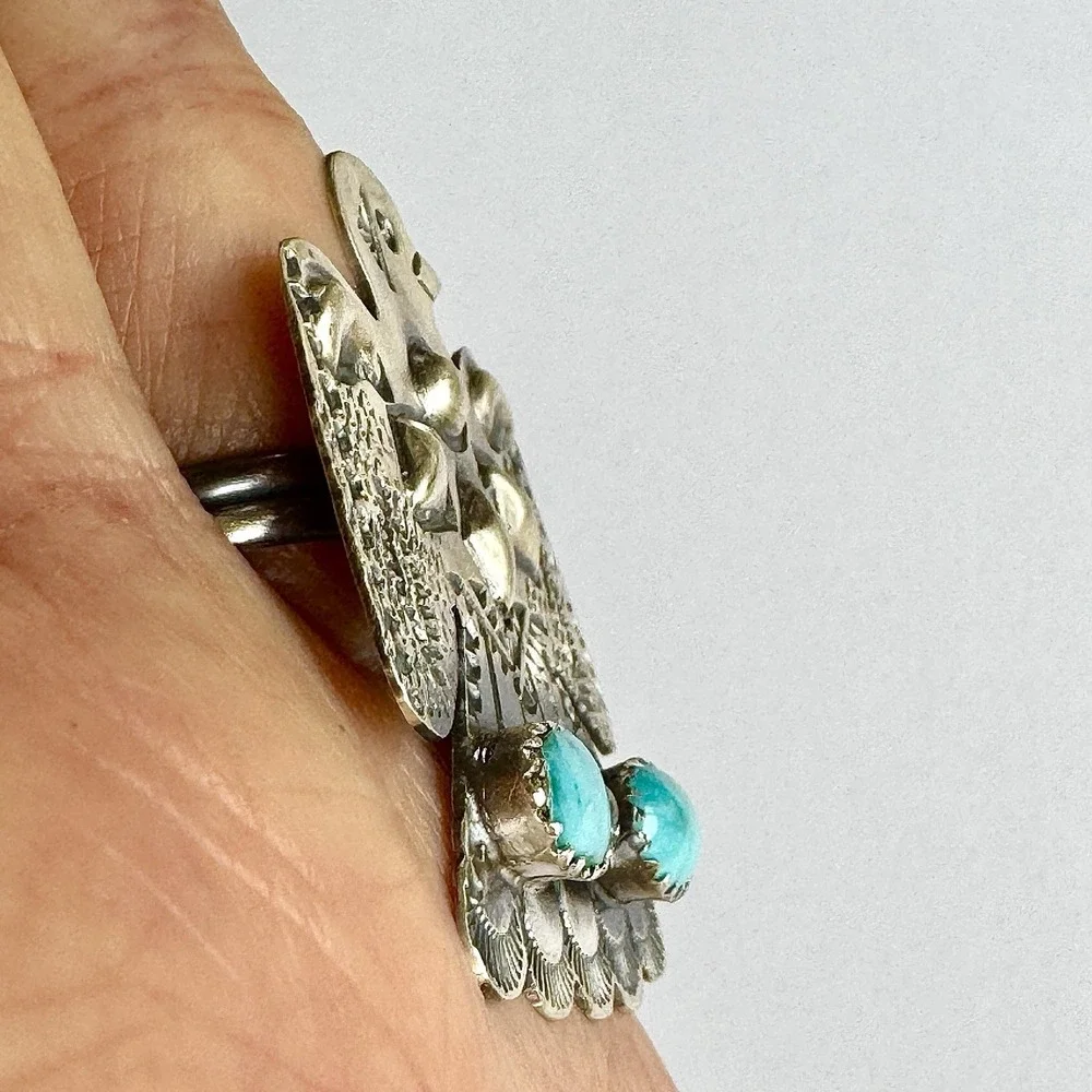 Navajo Thunderbird‎ Ring Turquoise Sz 7 Sterling Signed T Yazzie Native American
